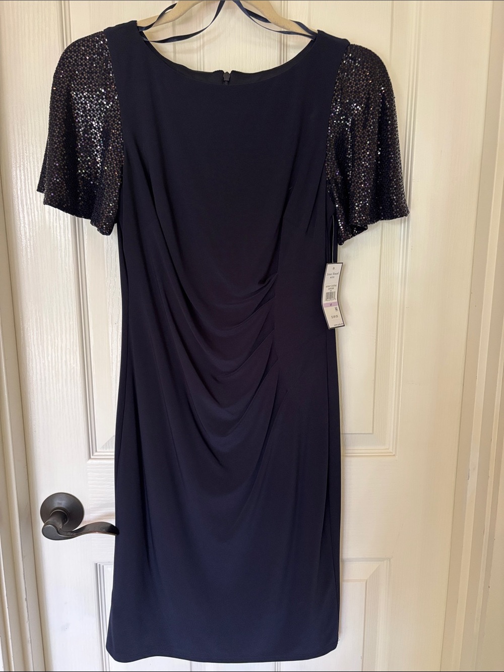 Jessica Howard Petite Navy Midi Dress with Sequin Short Sleeves